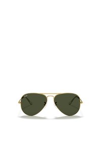 Occhiali da sole aviator con montatura in metallo dorato, lenti verde scuro e naselli trasparenti. Presentano un design iconico e aste sottili.