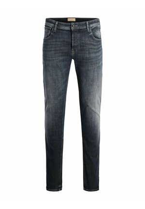 Heren denim jeans in een donkerblauwe was, slim fit. Voorzien van een vijf-pocket ontwerp, ritsvliegtuig, metalen knop en subtiele vervaging op de bovenbenen.