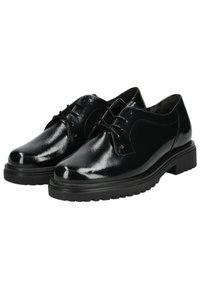 Schwarze Lackleder-Dressschuhe mit abgerundetem Zehenbereich, Schnürdesign und dicker schwarzer Gummisohle mit strukturiertem Profilmuster.
