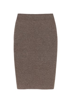Brauner Wollbleistiftrock mit glatter Textur, mittellangem Schnitt und einem taillierten Bund. Einfaches Design ohne sichtbare Muster oder Akzente.