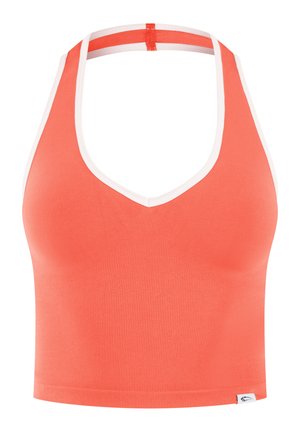 Top court bretelles halter corail avec bordure blanche et texture côtelée, conçu pour une coupe ajustée et sportive.