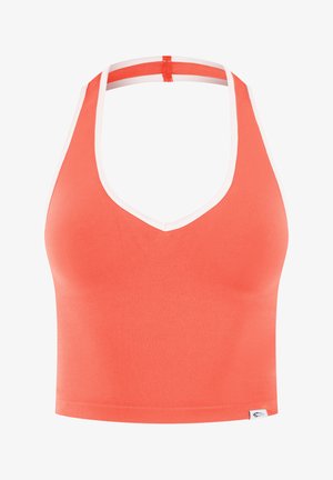 Top court bretelles halter corail avec bordure blanche et texture côtelée, conçu pour une coupe ajustée et sportive.
