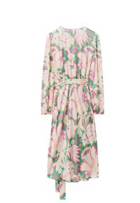 Blumenmusterkleid aus weichem Stoff. Mit langen Ärmeln, einer taillierten Taille mit einem Bindegürtel und einem ausgestellten Rock in Pastellfarben.