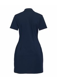 Robe bleu marine foncé à manches courtes avec col, taille cintrée et ourlet droit, vue de dos.