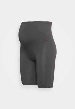 Calças de maternidade cinzentas com uma cintura alta, feitas de um tecido macio e elástico. Apresentam uma textura suave e um discreto detalhe nos painéis laterais.