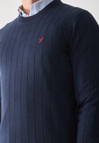 Pull en mailles côtelées marine avec un col rond, arborant un petit logo rouge sur le côté gauche et une texture lisse. Manches longues incluses.