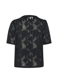 Blusa nera in pizzo floreale con maniche corte, presenta un overlay trasparente e un ricamo testurizzato di fiori. Collo rotondo e vestibilità rilassata.