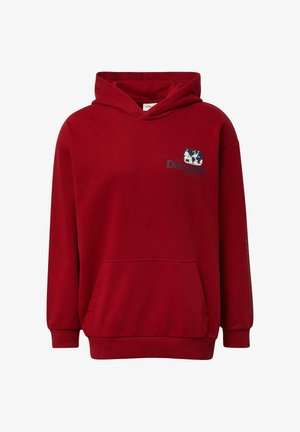 Czerwona bawełniana bluza z kapturem z kieszenią na przodzie. Posiada graficzny nadruk na klatce piersiowej, stworzona do noszenia na co dzień. Długie rękawy z ściągaczami.