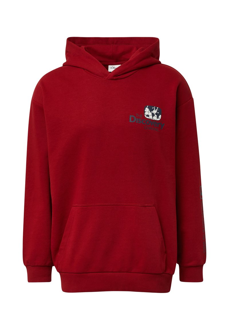 Červená bavlnená mikina s kapucňou a predným vreckom. Obsahuje grafický potlač na hrudi, určená na bežné nosenie. Dlhé rukávy s rebrovanými manžetami.