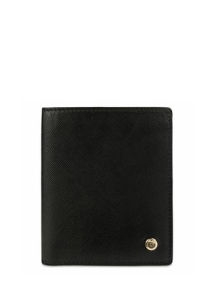 Black textured leather bifold wallet with a small round gold emblem in the bottom right corner on a white background.