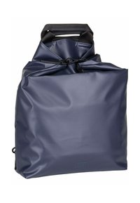 Borsa tote impermeabile blu navy con parte superiore piegata, manico nero e finitura lucida; presenta una texture sottile e il logo del marchio sulla parte anteriore.