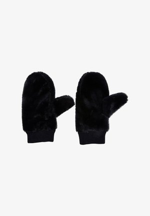 Black mittens made of soft faux fur with a ribbed knit cuff, featuring a traditional shape and cozy texture.
