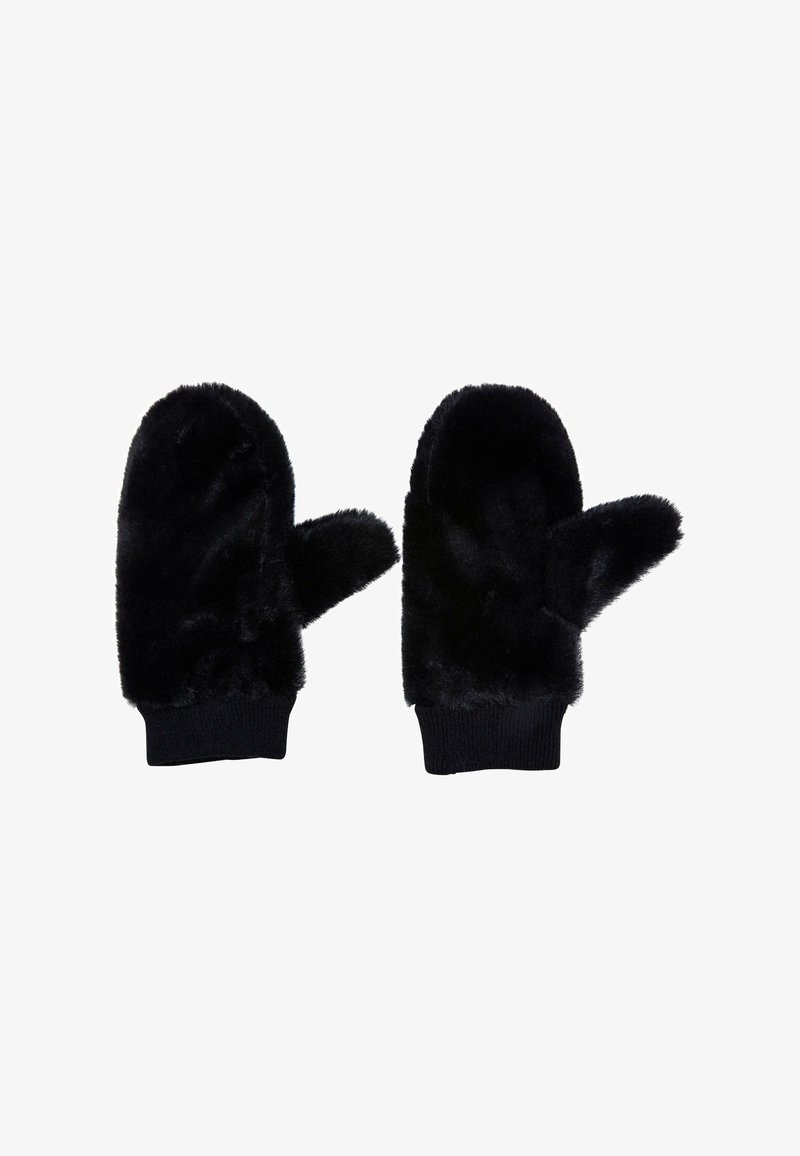 Crne rukavice od mekog umjetnog krzna s rebrastim pletenim manžetama, koje imaju tradicionalni oblik i ugodnu teksturu.
