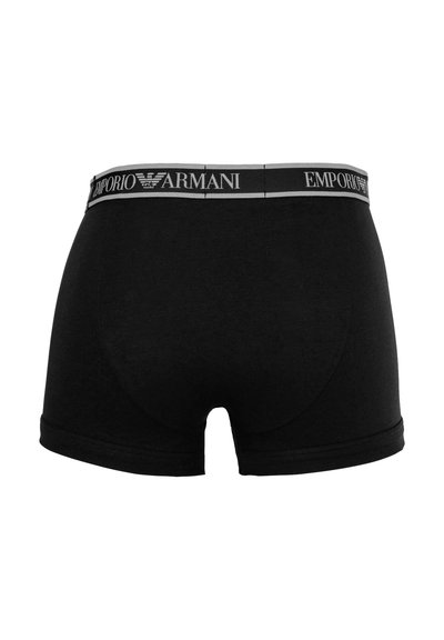 Schwarze Boxer-Shorts für Männer mit einem grauen Bund, der das Emporio Armani Logo und das Adler-Emblem in Weiß zeigt.