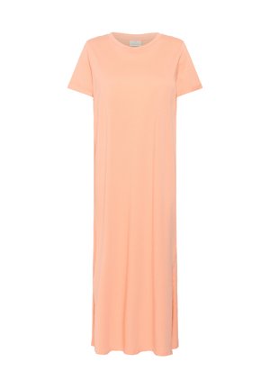 Light peach maxi dress made of soft cotton, featuring short sleeves, a round neckline, and side slits for added ventilation.