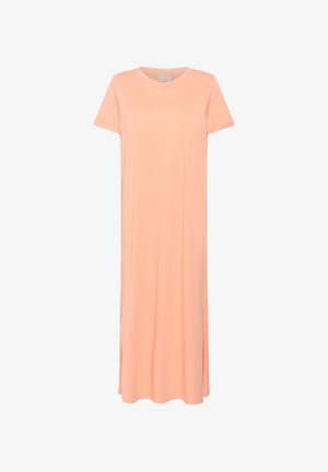 Light peach maxi dress made of soft cotton, featuring short sleeves, a round neckline, and side slits for added ventilation.