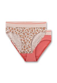 Zwei Damenunterhosen: eine mit beigegrundigem braun-orangefarbenem Leopardenmuster und eine einfarbige in Korallrot. Beide haben kontrastierende elastische Taillenbänder.