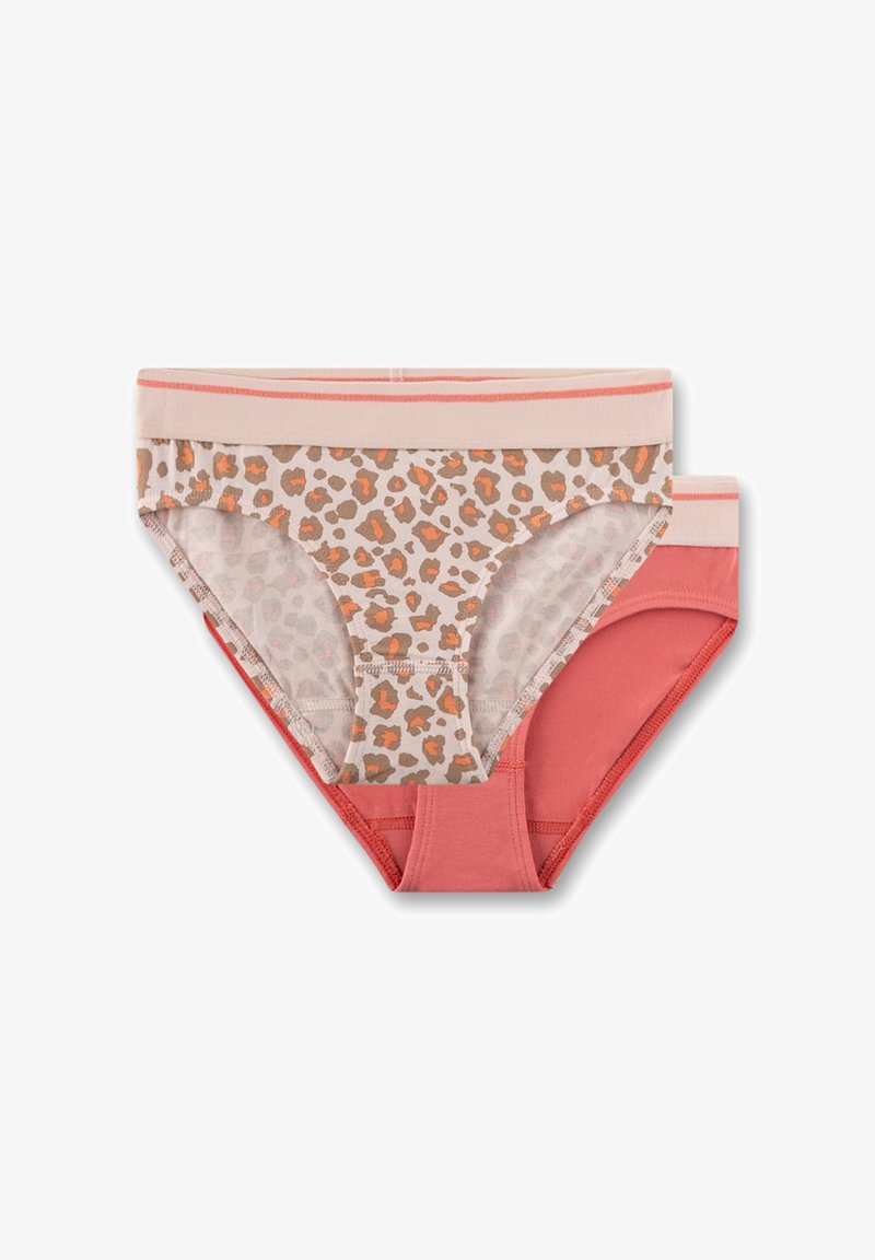 Zwei Damenunterhosen: eine mit beigegrundigem braun-orangefarbenem Leopardenmuster und eine einfarbige in Korallrot. Beide haben kontrastierende elastische Taillenbänder.