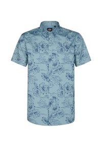 Camisa de manga corta azul claro con botones y un patrón floral en azul oscuro. Fabricada con un tejido transpirable, cuenta con un cuello clásico y botones.