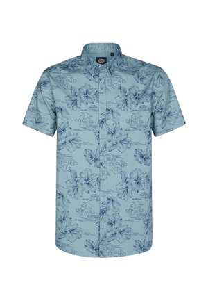 Camicia a maniche corte azzurro chiaro con bottoni, caratterizzata da un motivo floreale blu scuro. Realizzata in tessuto traspirante con colletto classico e bottoni.