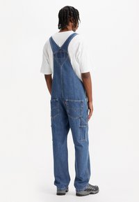 Salopette en denim délavé moyen, avec des bretelles ajustables, plusieurs poches et une coupe décontractée. La vue arrière met en évidence les détails de couture.