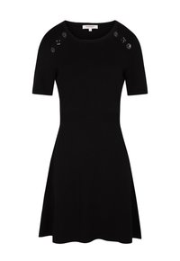 Zwarte gebreide jurk met een getailleerde bodice en een uitlopende rok, voorzien van korte mouwen, een ronde halslijn en decoratieve geparelde accenten op de schouders.