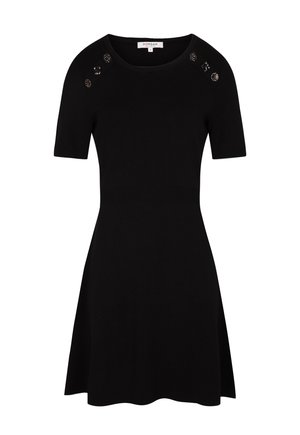 Schwarzes Strickkleid mit tailliertem Oberteil und weiterem Rock, ausgestattet mit kurzen Ärmeln, rundem Ausschnitt und dekorativen Perlenakzenten auf den Schultern.