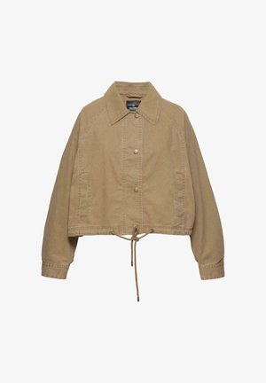 Beige, kurz geschnittene Jacke mit Kragen, vorderen Druckknöpfen, langen Ärmeln, Seitentaschen und verstellbarem Kordelzug am Saum.