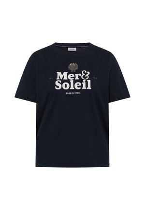 Granatowy krótki rękaw T-shirt z napisem "Mer & Soleil", grafiką muszli powyżej oraz mniejszym napisem "Sea Sun Sand & Shell" poniżej, na środku przodu.