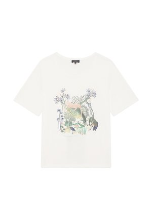 T-shirt à manches courtes blanche avec un imprimé botanique et animal coloré dans des nuances de vert, bleu et rose sur le devant.