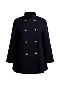 Navy wool double-breasted coat with a high collar, featuring six gold-tone buttons and wide, flared sleeves. Smooth texture and tailored design.