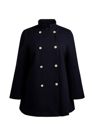 Manteau double boutonnage en laine bleu marine avec un col haut, doté de six boutons dorés et de manches larges et évasées. Texture lisse et design ajusté.