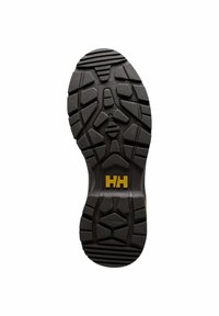 Suela de zapato de goma negra con profundos relieves, que presenta un patrón hexagonal y el logo "HH" en amarillo. Superficie texturizada para agarre y durabilidad.