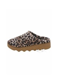 Leopardmønstret slip-on sko med en blød overdør, rund tå og struktureret korksål med bølgemønster. Velegnet til hverdag.