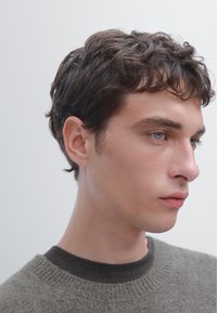 Pull en tricot gris avec un col côtelé porté sur une chemise sombre, cheveux bruns courts et légèrement ondulés, et yeux bleus.