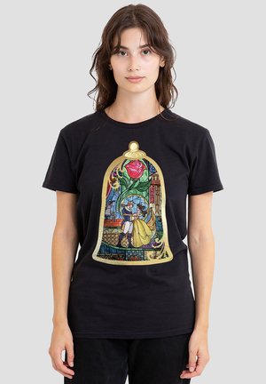 Black cotton t-shirt featuring a colorful, detailed graphic of a rose and a stained glass scene with figures dancing beneath a golden dome.