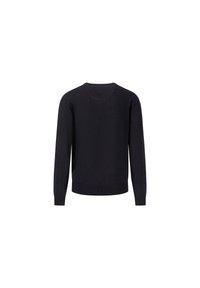 Sort crew-neck sweater med lange ærmer, lavet af et glat stof. Har ribbet kant og manchetter, simpel design, ingen synlige mønstre eller accenter.