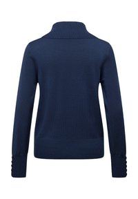 Marineblauer Pullover mit Rippenkragen und Saum, der ein strukturiertes Strickmuster aufweist. Die Ärmel sind mit Knopfdetails nahe den Manschetten versehen.
