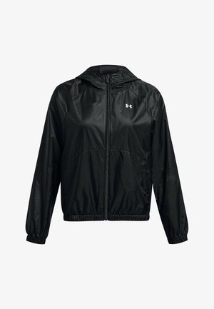 Zwarte windjack, gemaakt van lichtgewicht, glanzend materiaal. Voorzien van een ritssluiting aan de voorkant, capuchon, elastische manchetten en zijzakken. Zilveren logo op de borst.