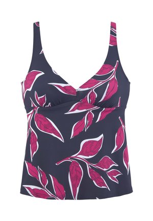 Marineblaues Tankini-Oberteil mit breiten Trägern, mit einem großen pink-weißen Blättermuster und gerafftem Brustbereich.