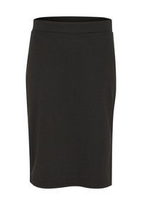 Svart, figurnära kjol tillverkad av stretchigt tyg. Har en slät midja och en ren, enkel design utan fickor eller utsmyckningar.