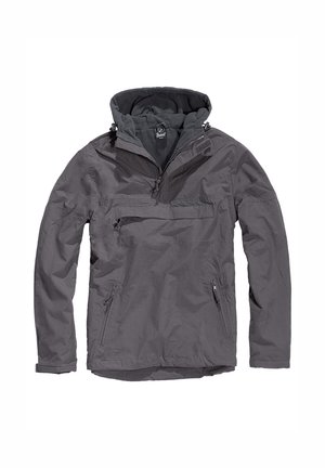 Gray pullover jacket with a hood, featuring a front zip pocket, two side zip pockets, and a durable, lightweight shell fabric.