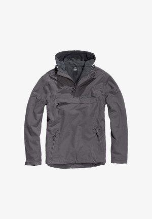 Gray pullover jacket with a hood, featuring a front zip pocket, two side zip pockets, and a durable, lightweight shell fabric.