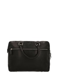 Schwarze Ledertasche mit zwei Griffen, vorderer Reißverschlusstasche und silbernen Hardware-Akzenten. Glatte Textur, rechteckige Form, minimalistisches Design.