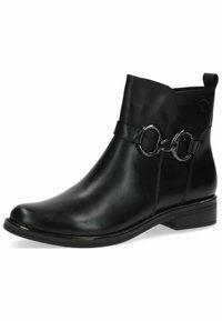 Botín negro de cuero hasta el tobillo con punta redonda, hebilla lateral con un adorno circular, textura suave y tacón bajo apilado.