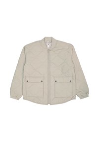 Giacca imbottita leggera di colore grigio pallido con zip frontale, due tasche a toppa e polsini elasticizzati. Texture liscia e sottile motivo a losanghe.