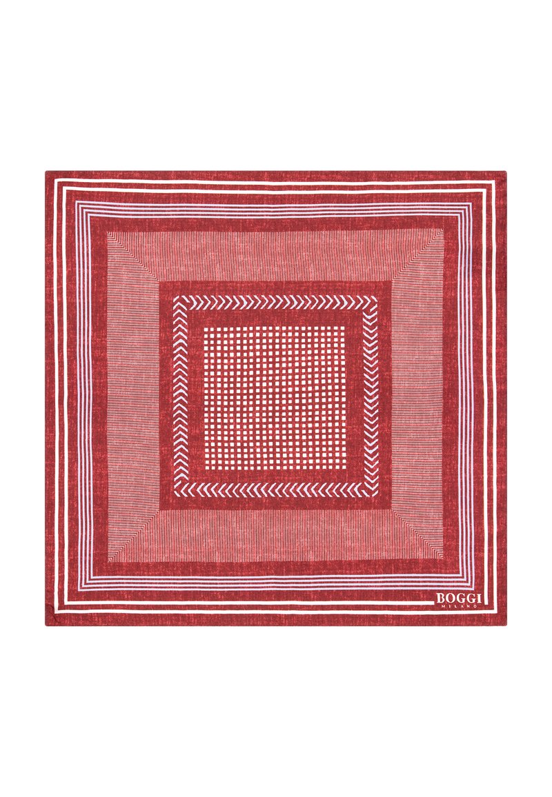 Punainen ja valkoinen kuvioitu neliöhuivi, jossa on geometrisia muotoja, raitoja ja teksturoitu pinta. Valmistettu kevyestä kankaasta.