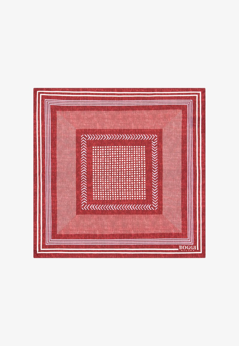 Foulard quadrato rosso e bianco con motivi geometrici, righe e una finitura texturizzata. Realizzato in tessuto leggero.