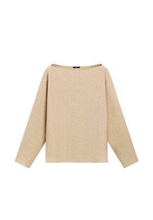 Maglietta beige a maniche lunghe con scollo ampio e orlo dritto, mostrata su uno sfondo bianco semplice.