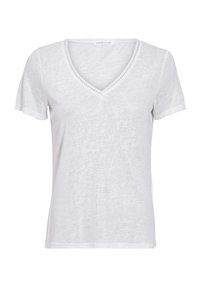 Weißes kurzärmeliges V-Ausschnitt-T-Shirt aus leichtem Stoff mit einer strukturierten Kante am Halsausschnitt. Schlichtes und lässiges Design.